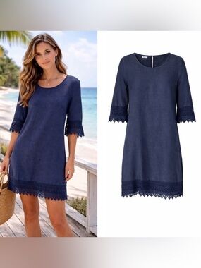 Womens Linen Crochet Dress Medium Lagom Minimalist Beachy Quiet Luxury Blue Boho